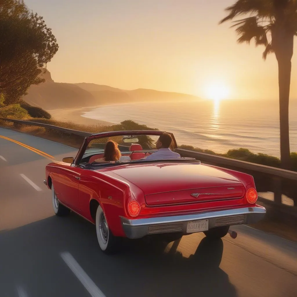 Happy couple driving a rental convertible along the Pacific Coast Highway