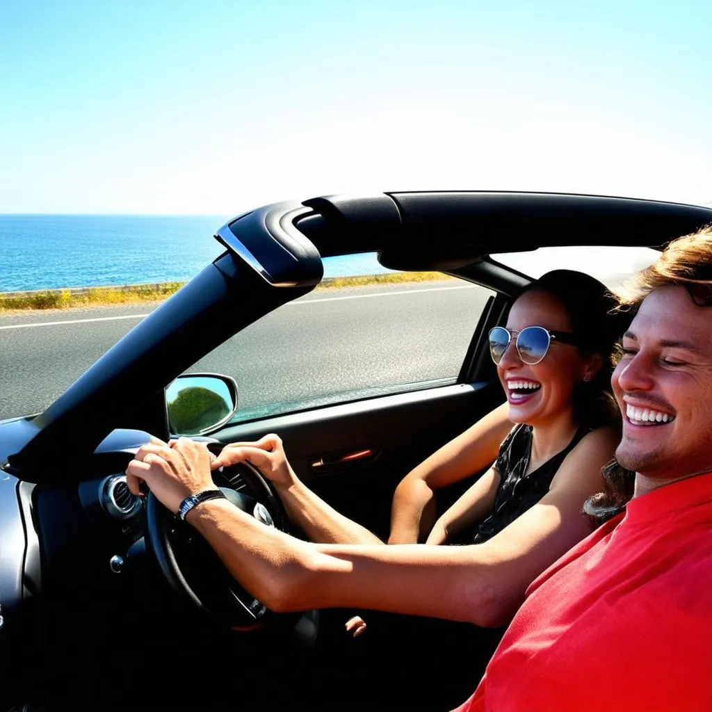 Couple Enjoying Road Trip in Rental Car