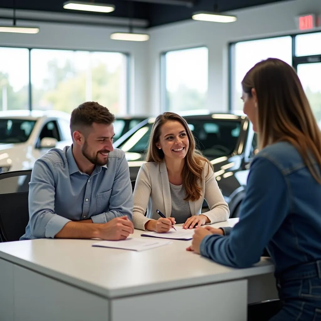 Couple Signing Car Loan Documents with Salesperson