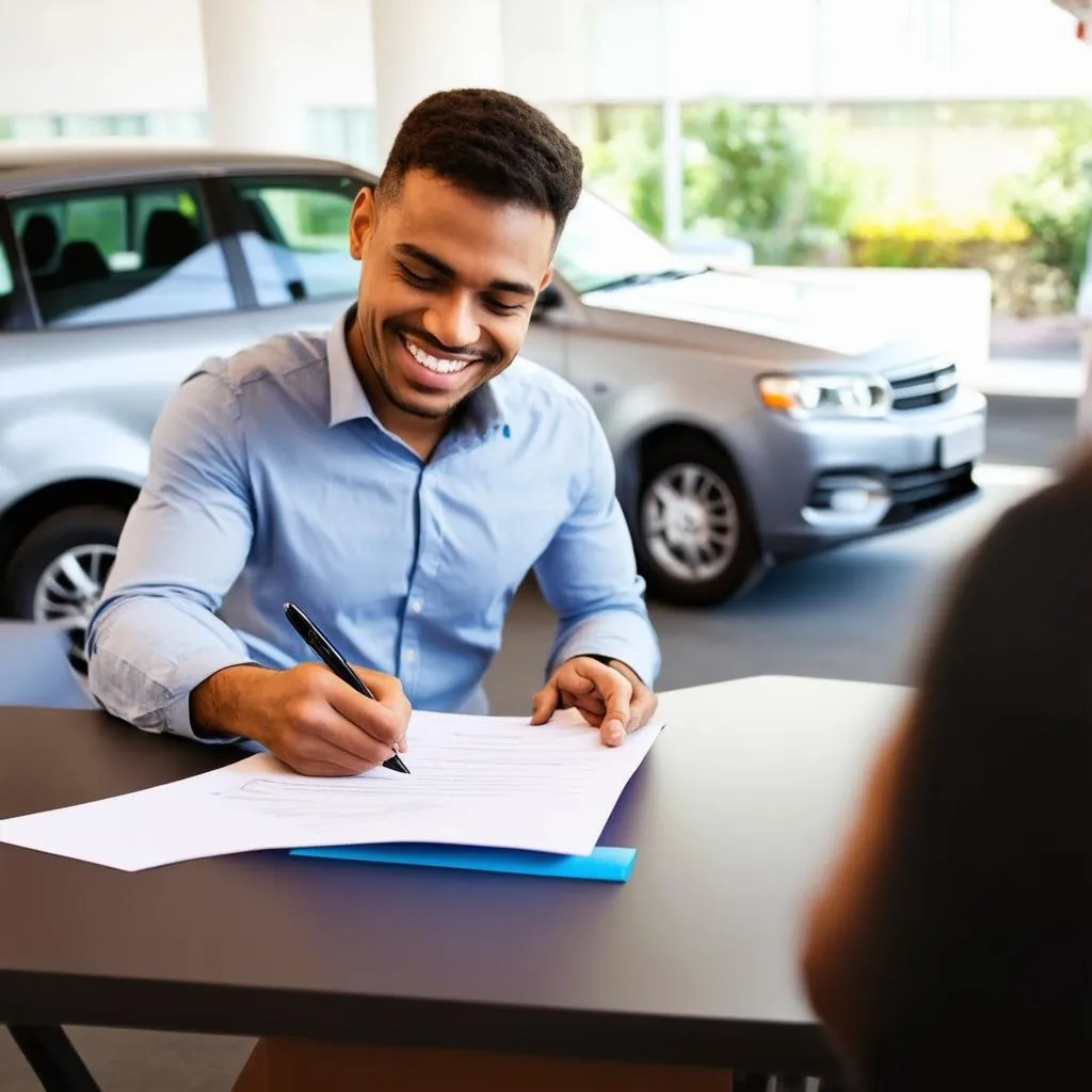 Happy Customer Signing Car Insurance