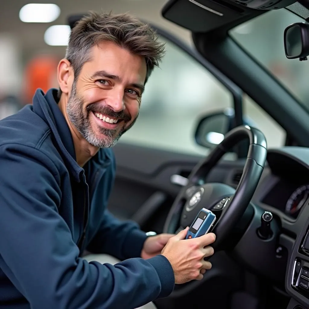 A satisfied VW owner smiles while using a scan tool on their car.