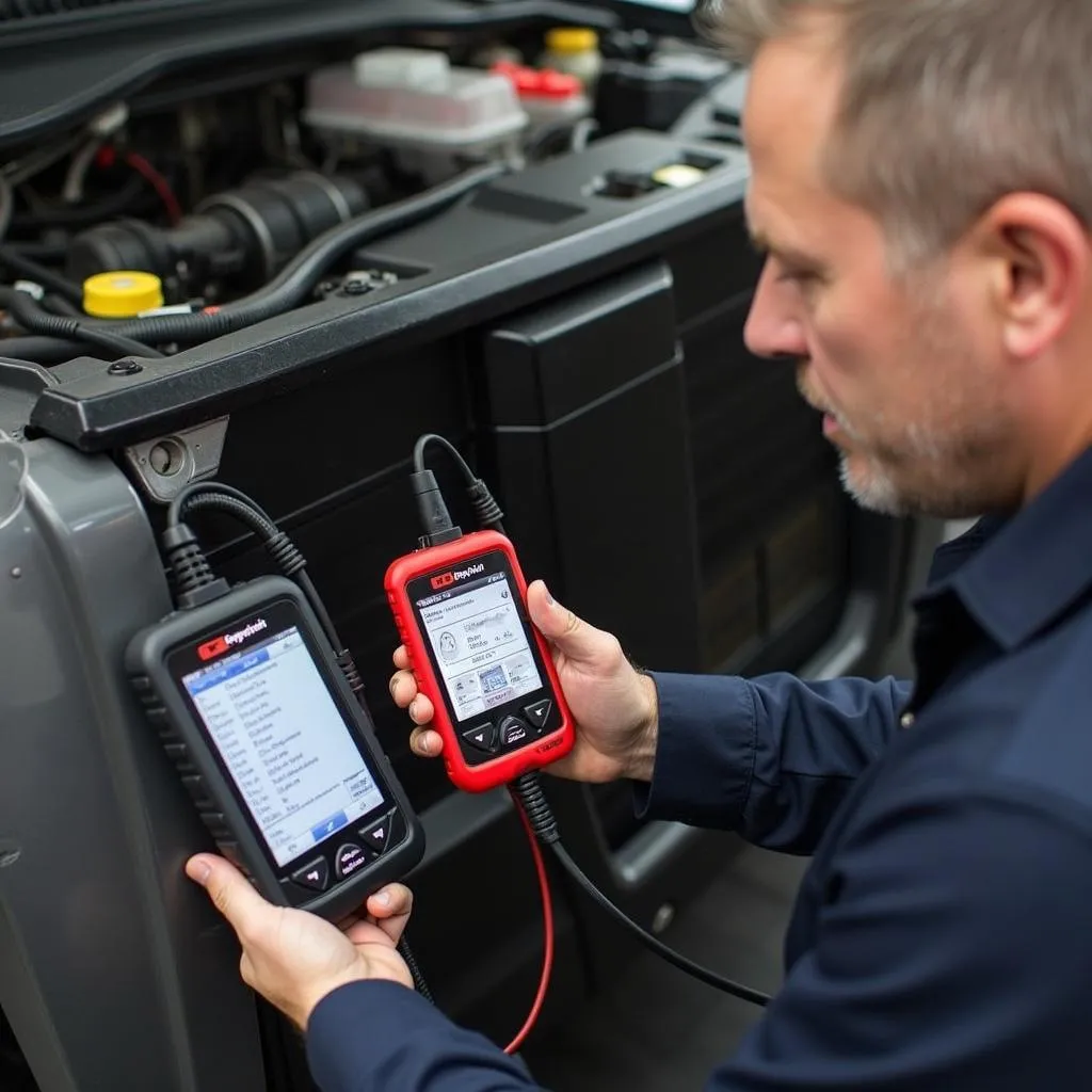 Mechanic using a Harbor Freight Cen-Tech scan tool to diagnose a car issue