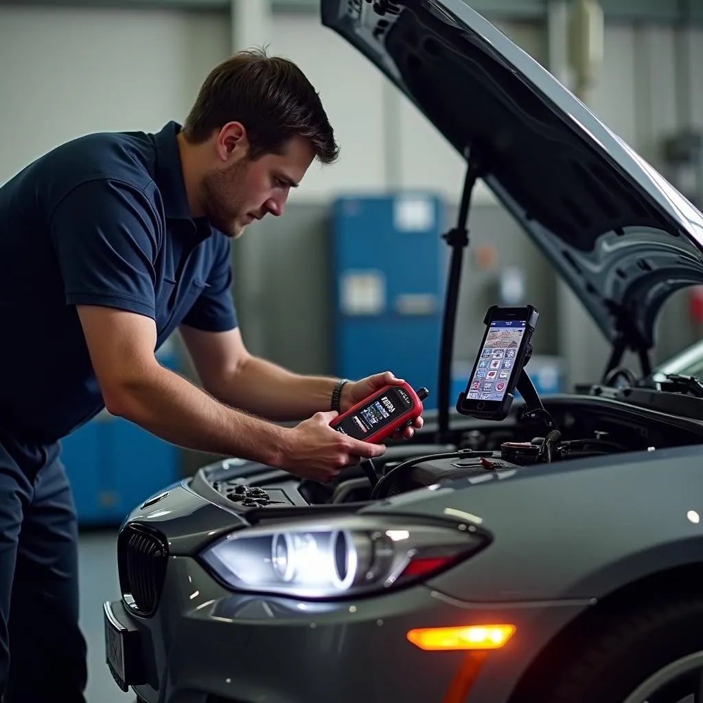 Mechanic using a Harbor Freight scan tool with Bluetooth on a car