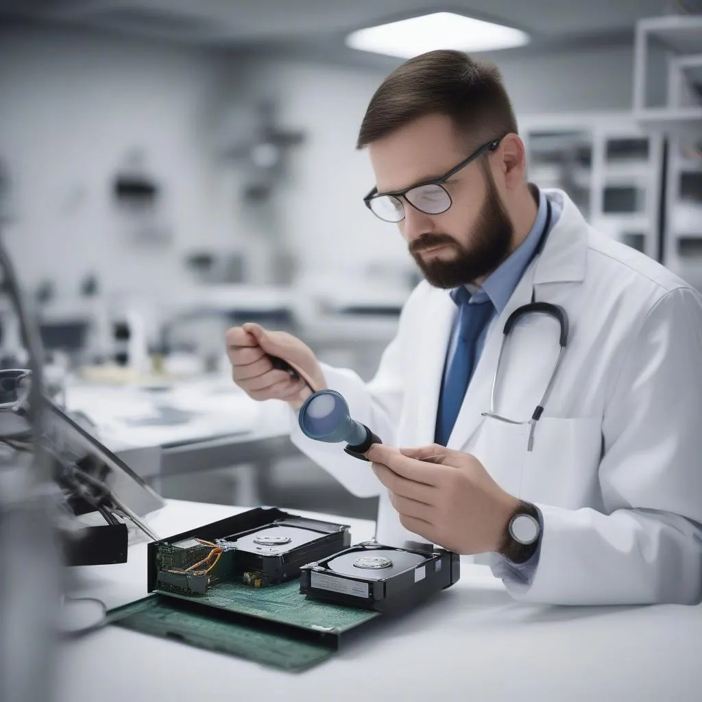 A technician repairing a hard drive