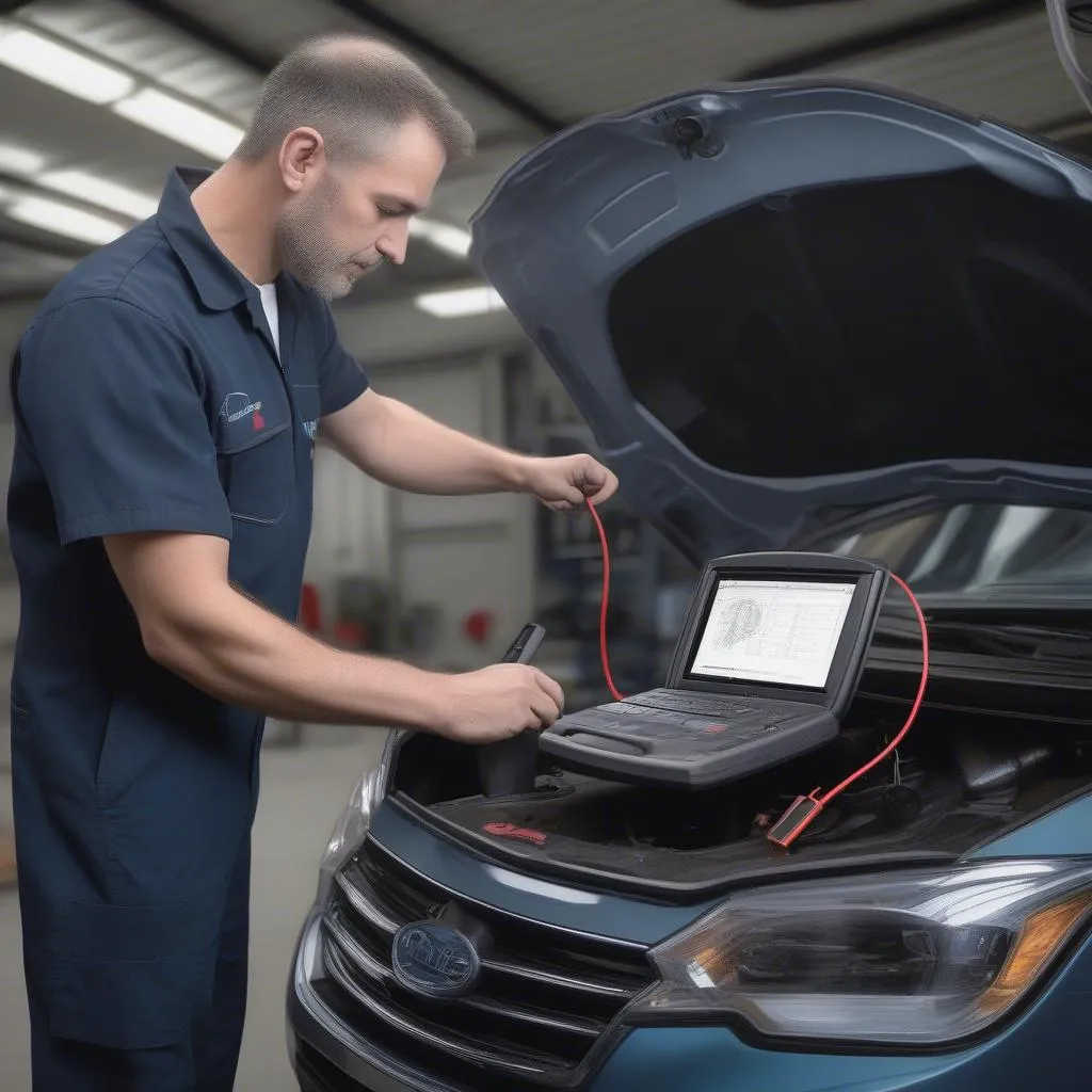 A mechanic using an HD scan tool to diagnose a car