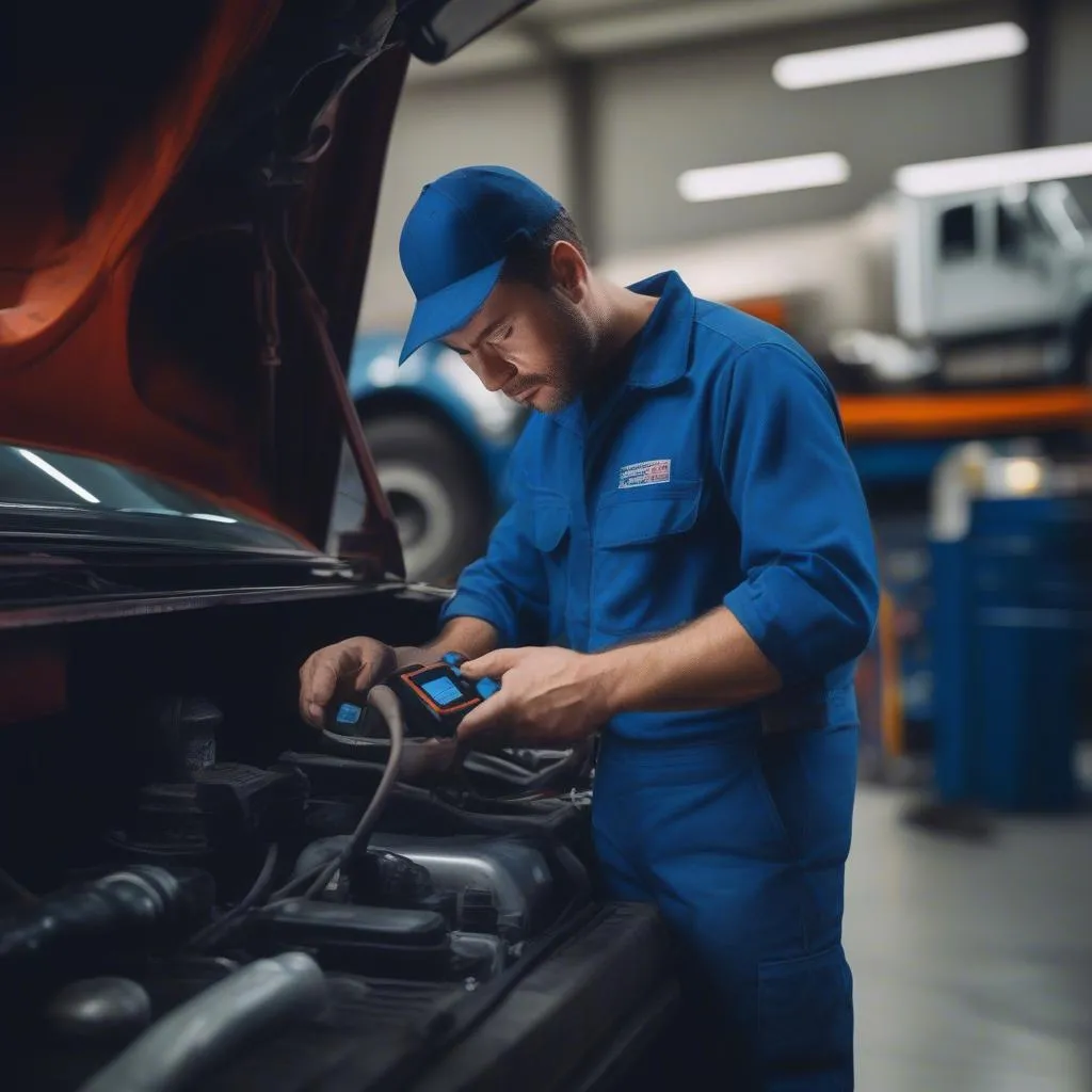 Mechanic using HD truck scan tool