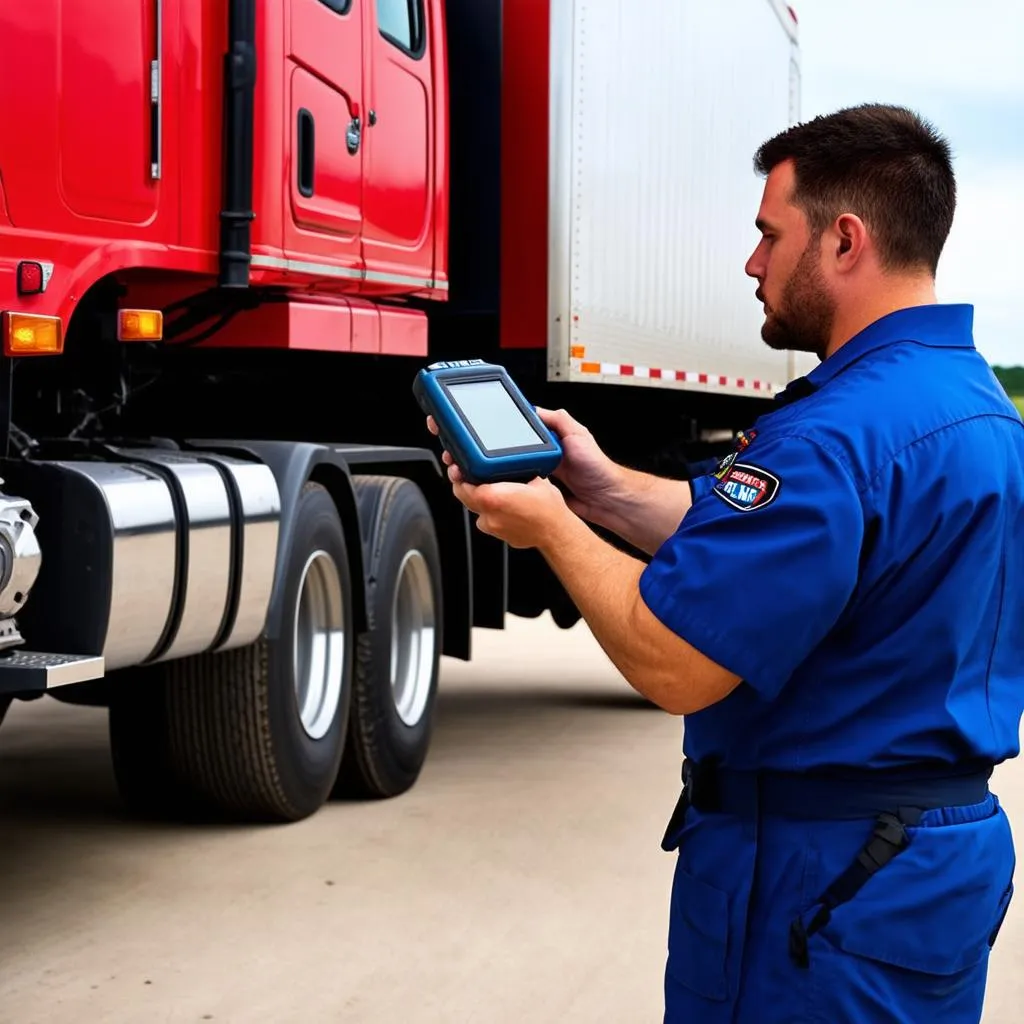 Mechanic using a heavy duty scan tool