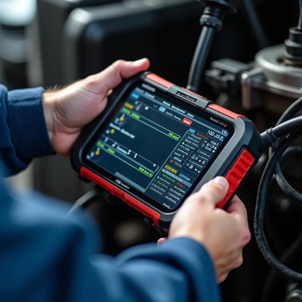 Mechanic using a heavy-duty scan tool to diagnose a truck engine problem