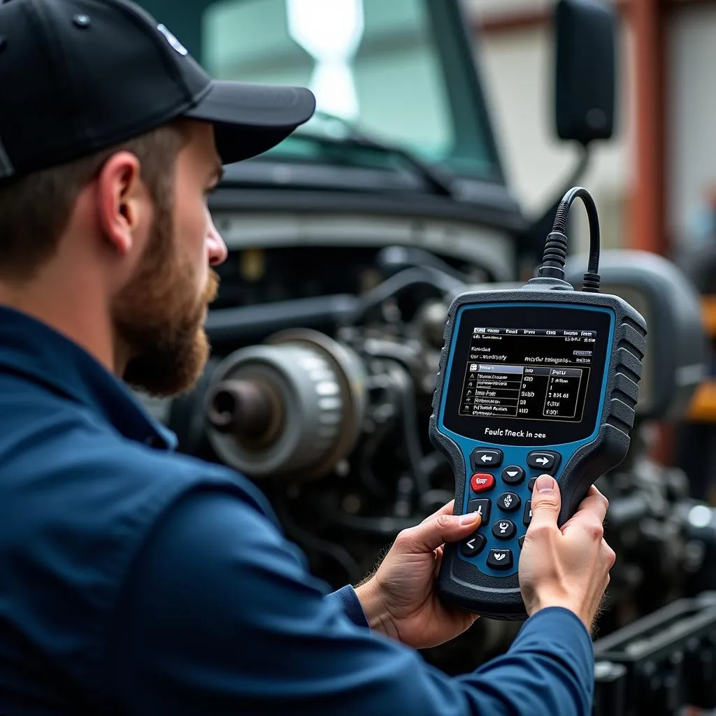 Mechanic using heavy duty diagnostic tool on truck