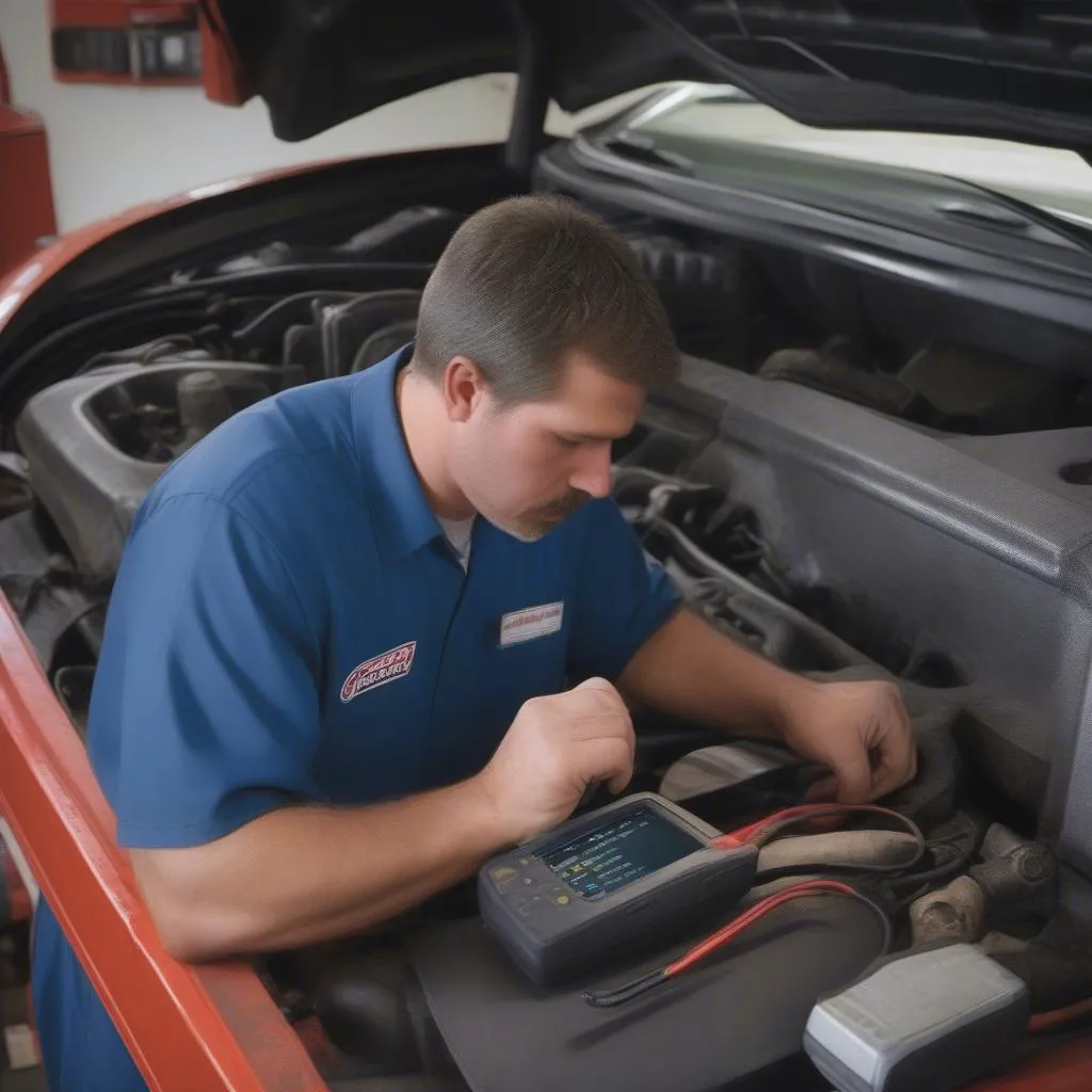 Heavy-duty truck diagnostic scan tool used by mechanics to diagnose engine issues