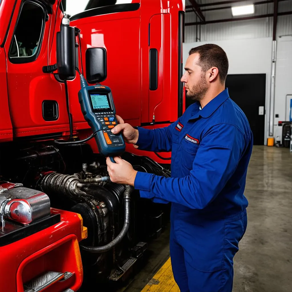 Mechanic using a diagnostic scan tool on a heavy-duty truck engine