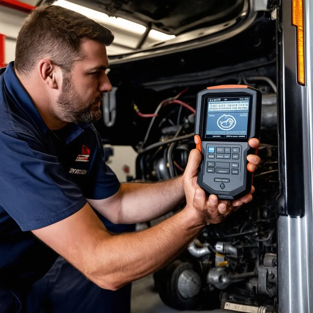 Mechanic using a heavy duty truck scanner to diagnose engine problems