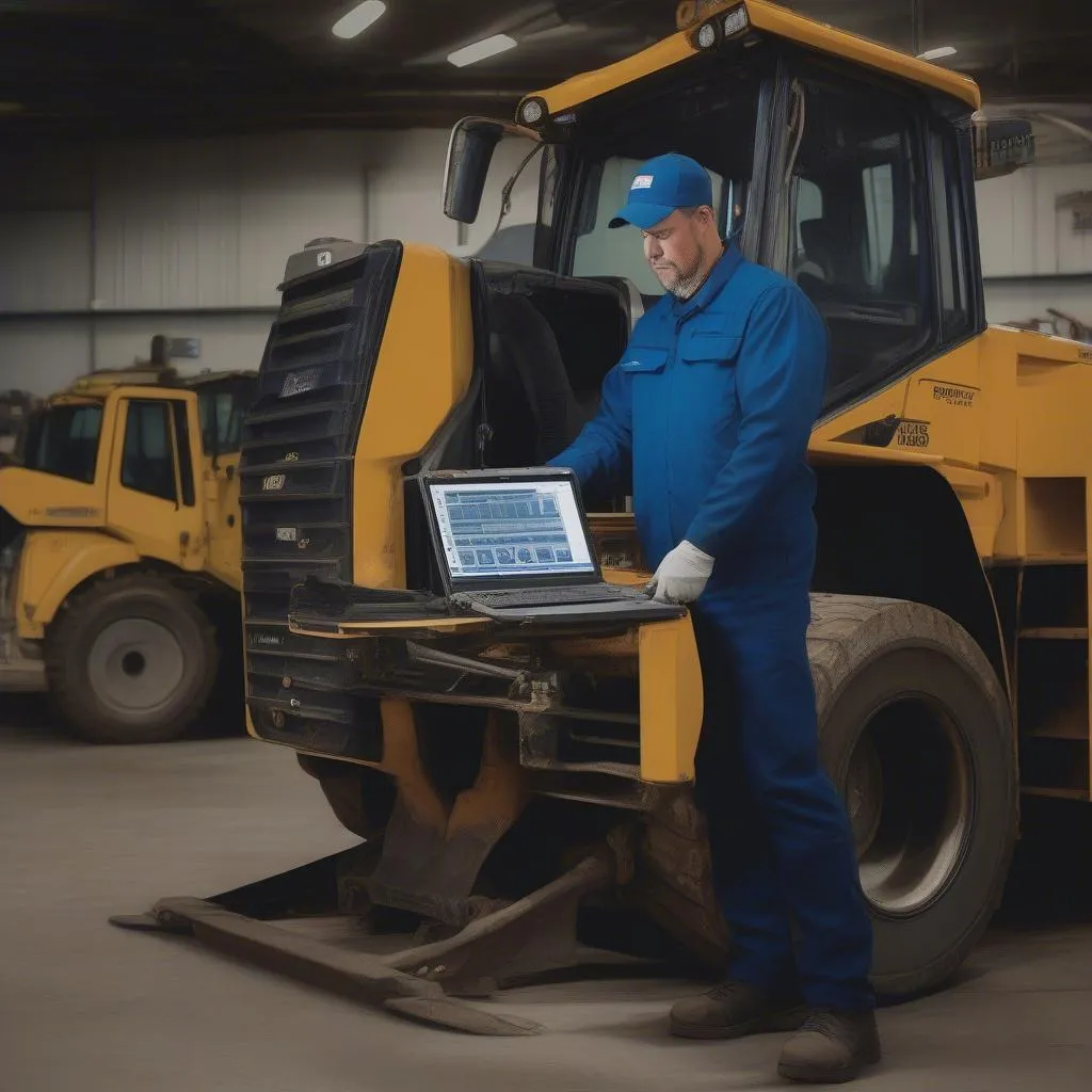 Heavy equipment scan tool being used by a mechanic to diagnose a problem with a bulldozer.