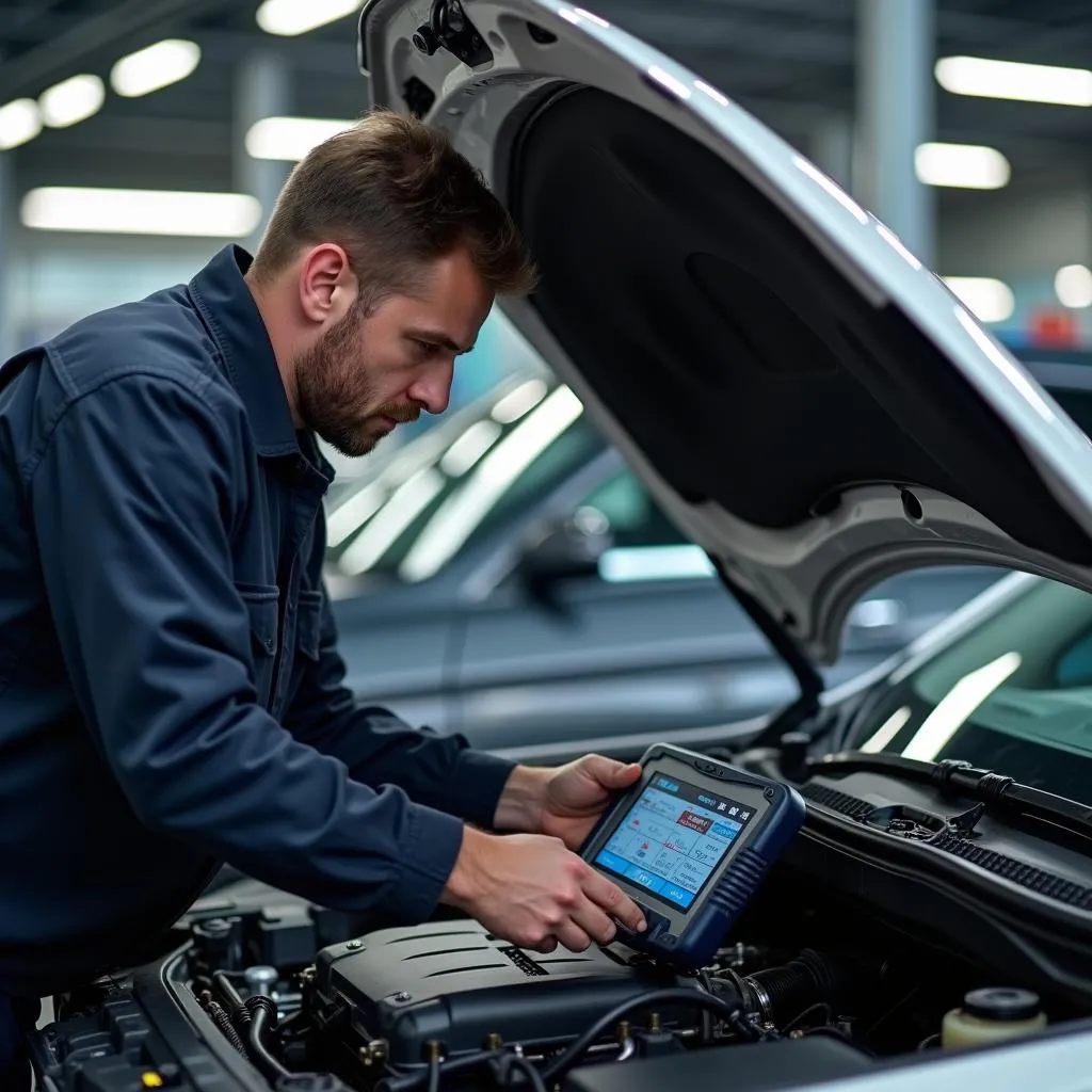 Mechanic Using High-End Scan Tool to Diagnose Engine