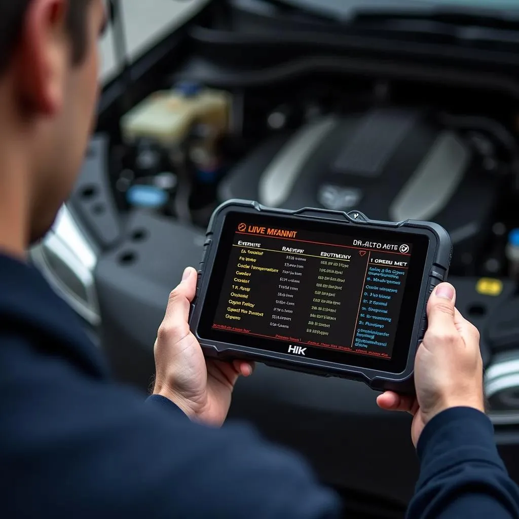 Mechanic using HIK scan tool to diagnose a car engine