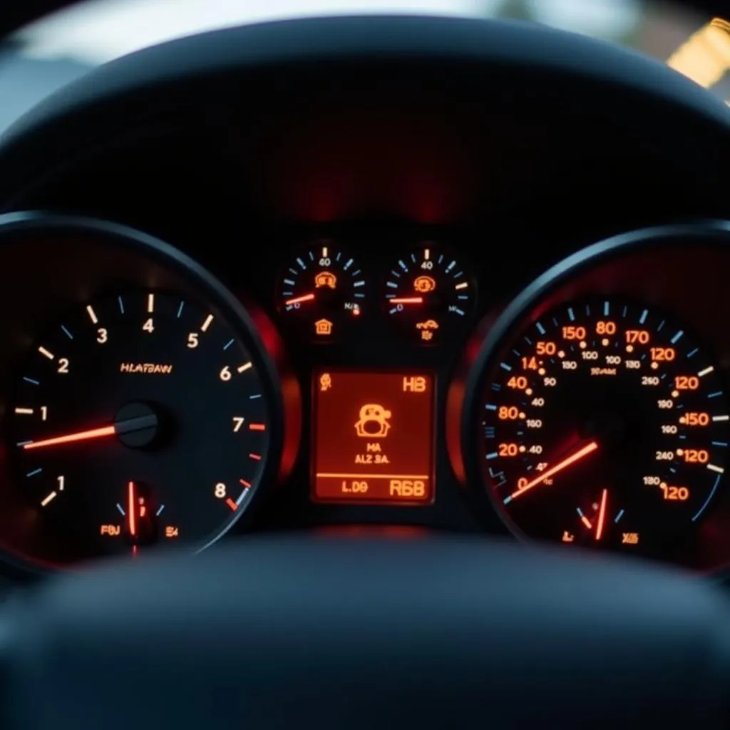 Dashboard of a Holden VF displaying warning lights