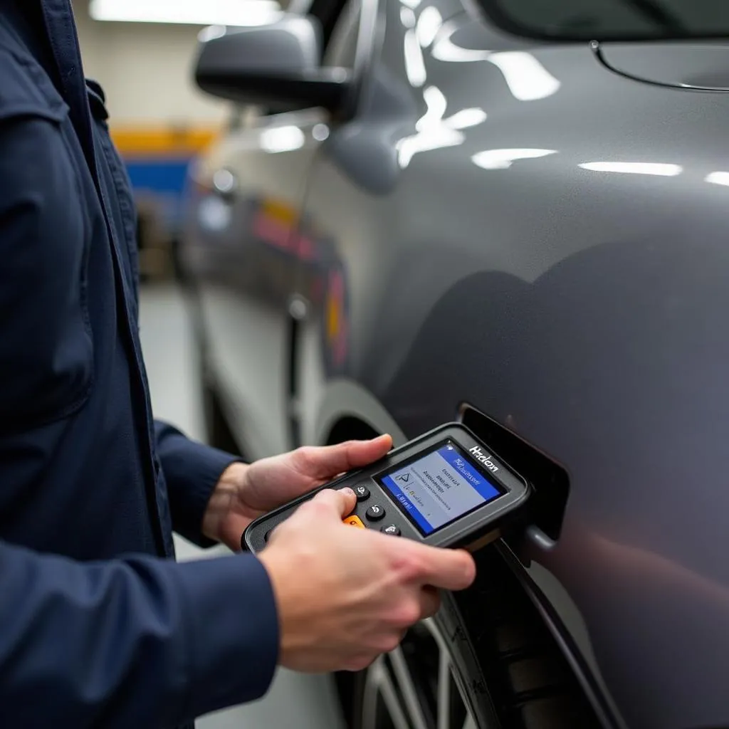 Mechanic using a Holden VF scan tool in a workshop