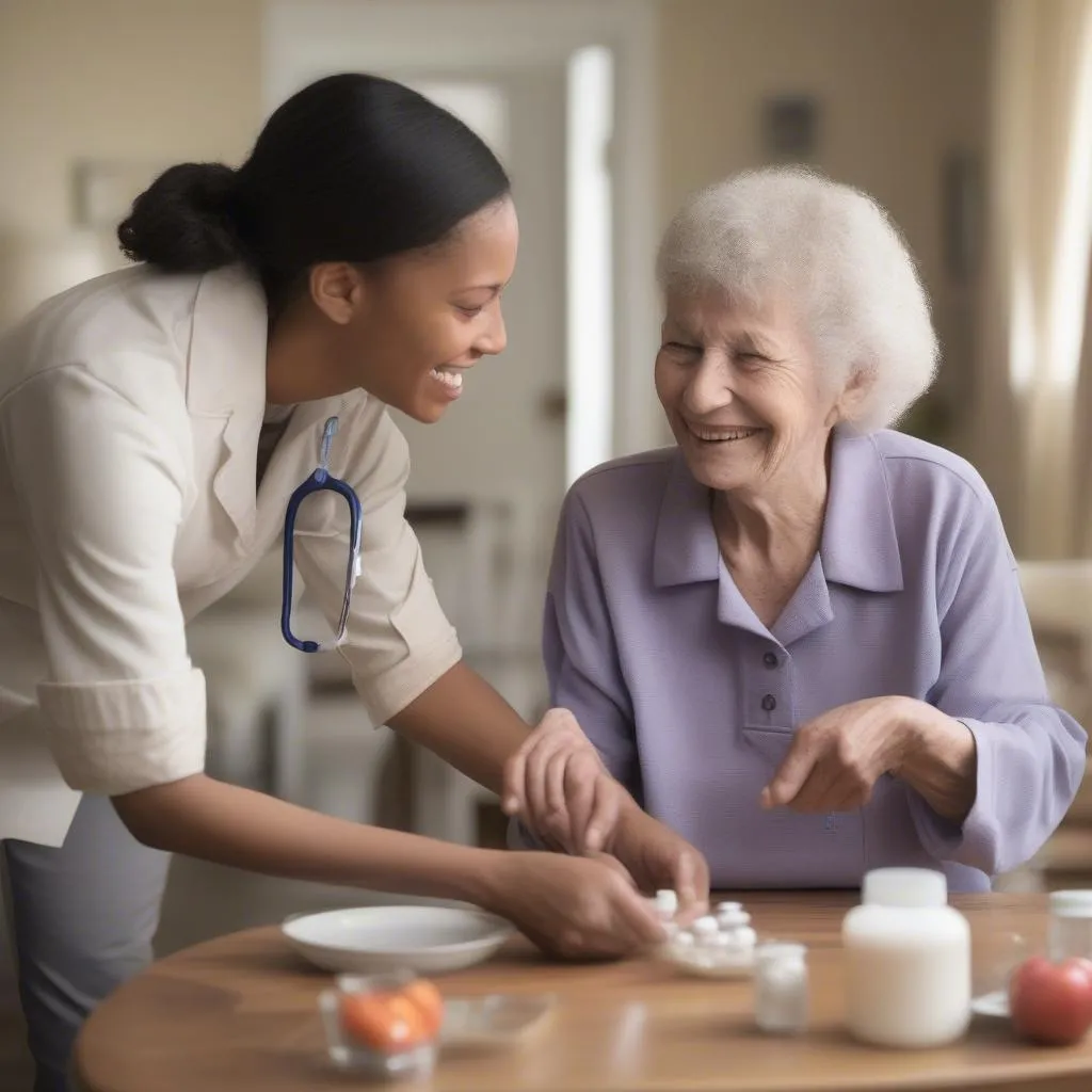 A home health care worker assisting an elderly patient