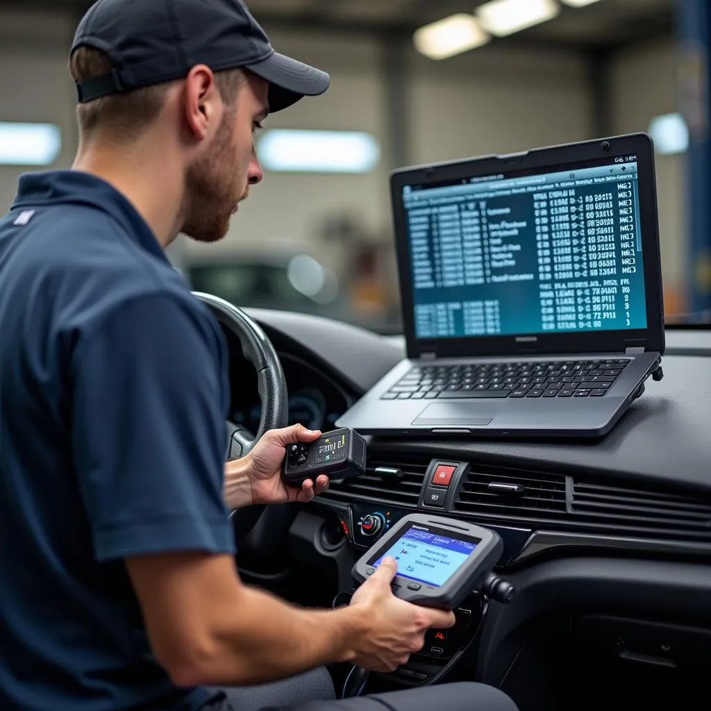 Mechanic using a Honda Acura SRS scan tool