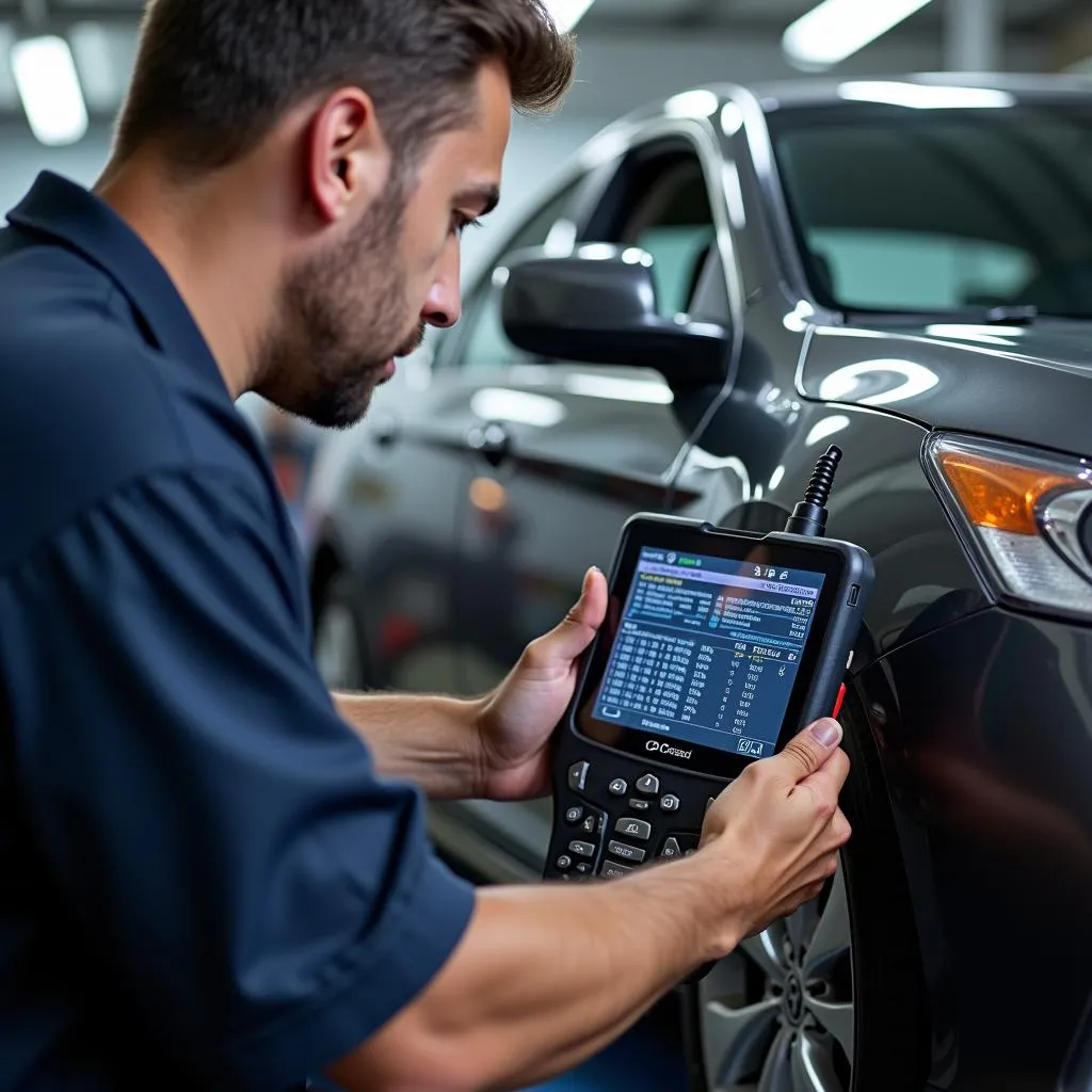 Mechanic using a Honda bi-directional scan tool to diagnose a car problem