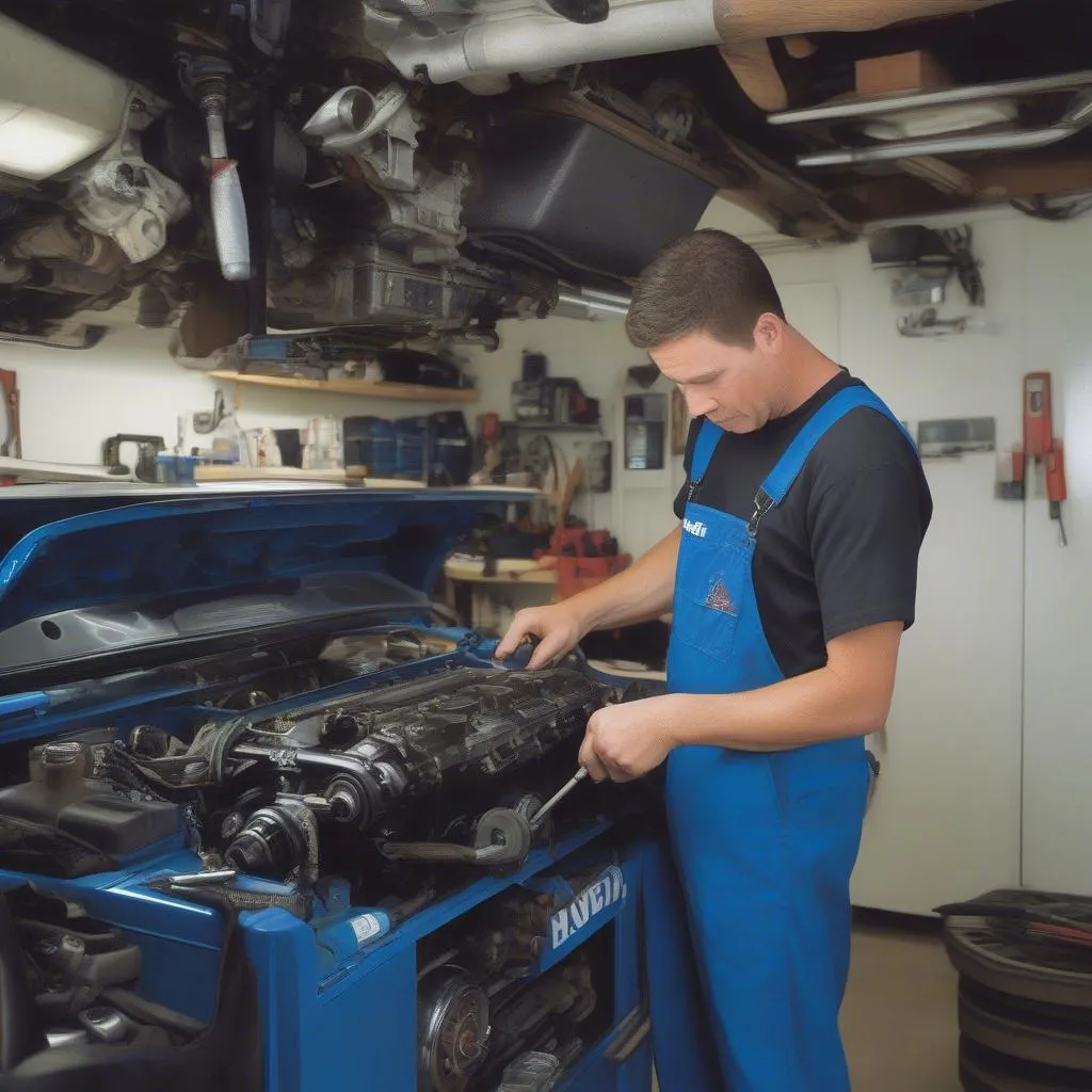 Mechanic working on a Honda engine in a garage