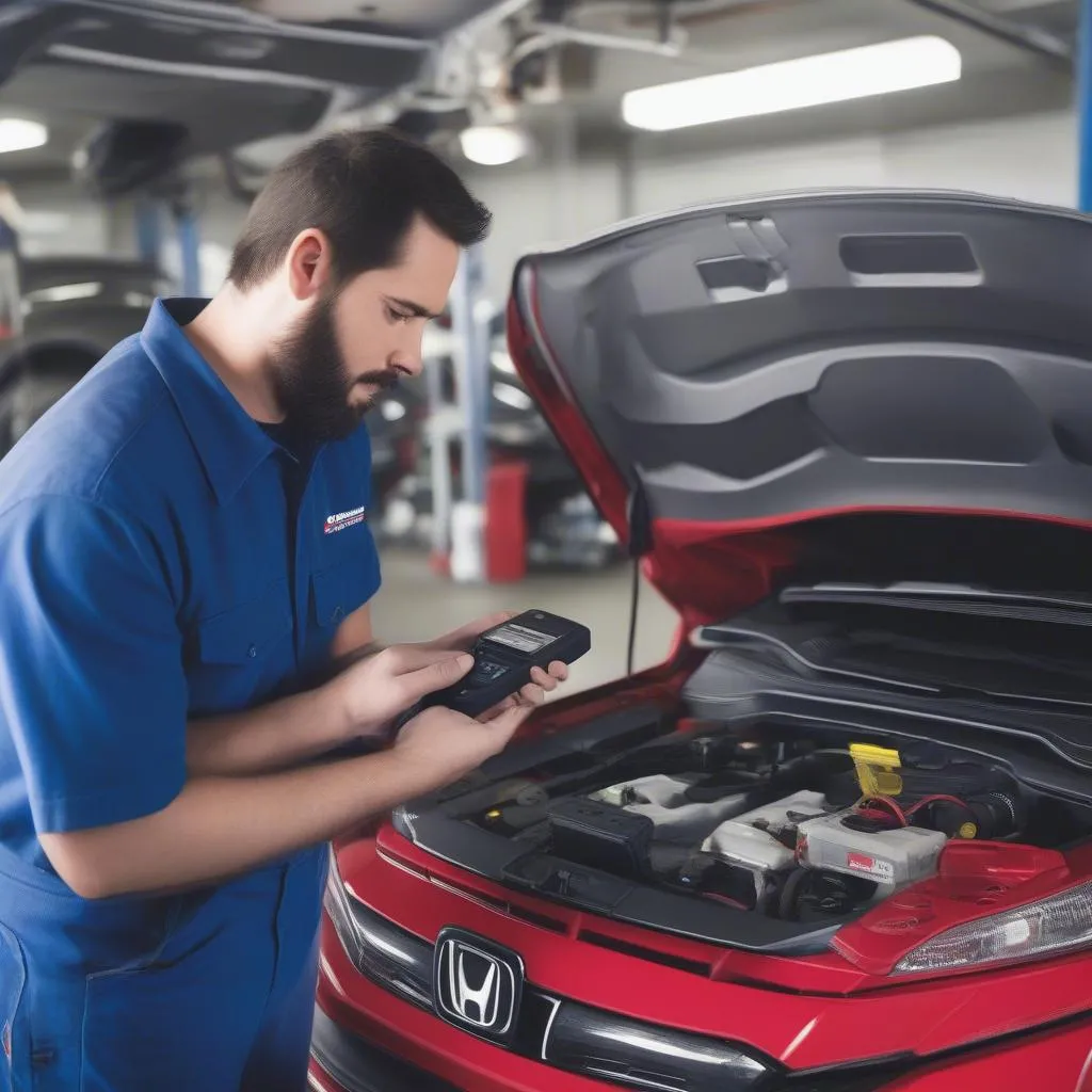 Mechanic connecting a Honda OBD2 scanner