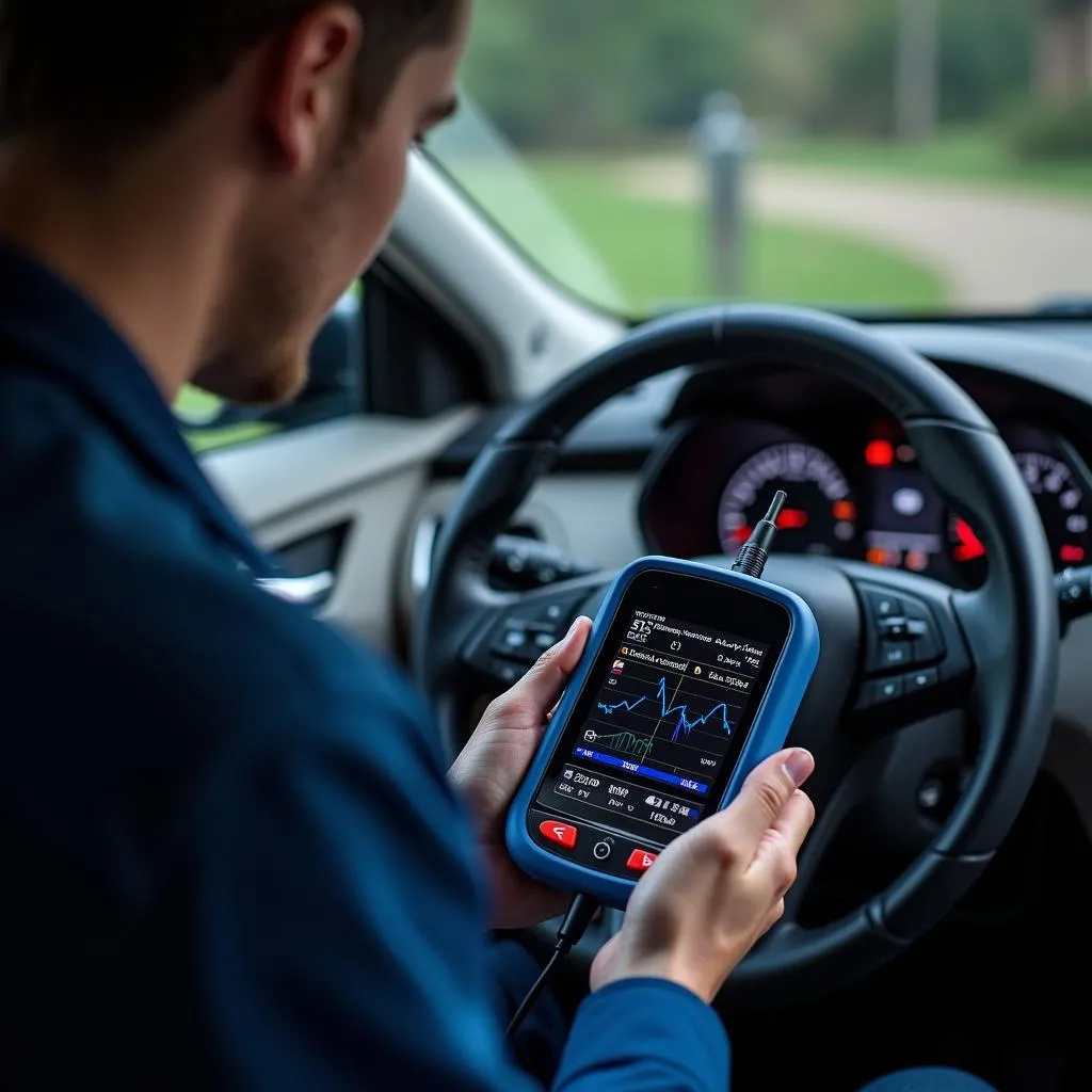 Mechanic using a hybrid scan tool to diagnose a car's electrical system