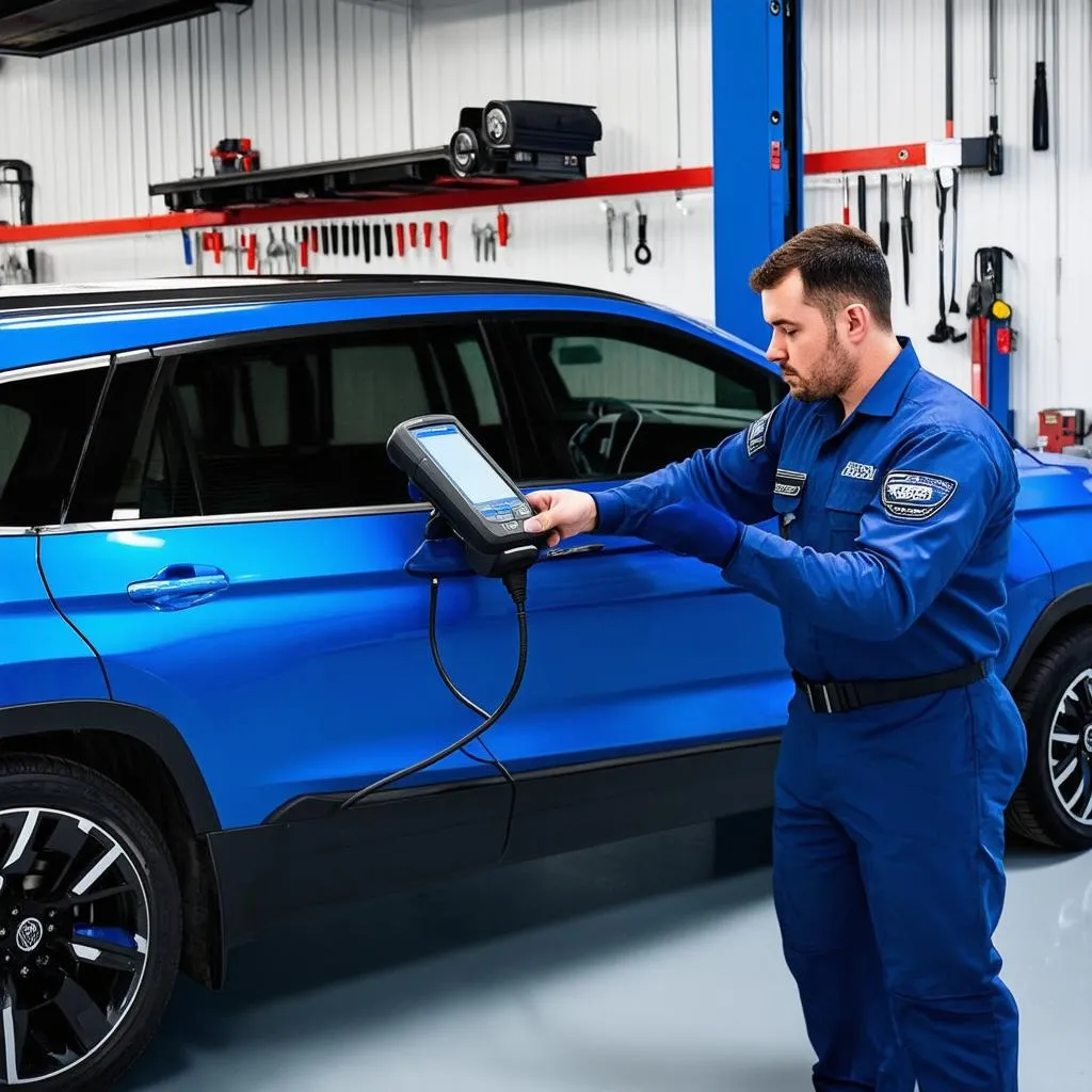 Mechanic using a scan tool to bleed brakes on a hybrid car