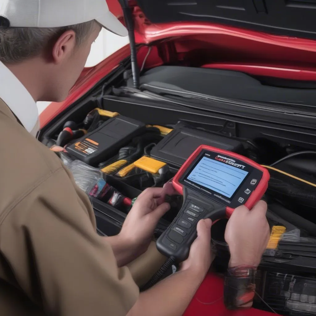 A mechanic using an iCarsoft scanner to read diagnostic codes