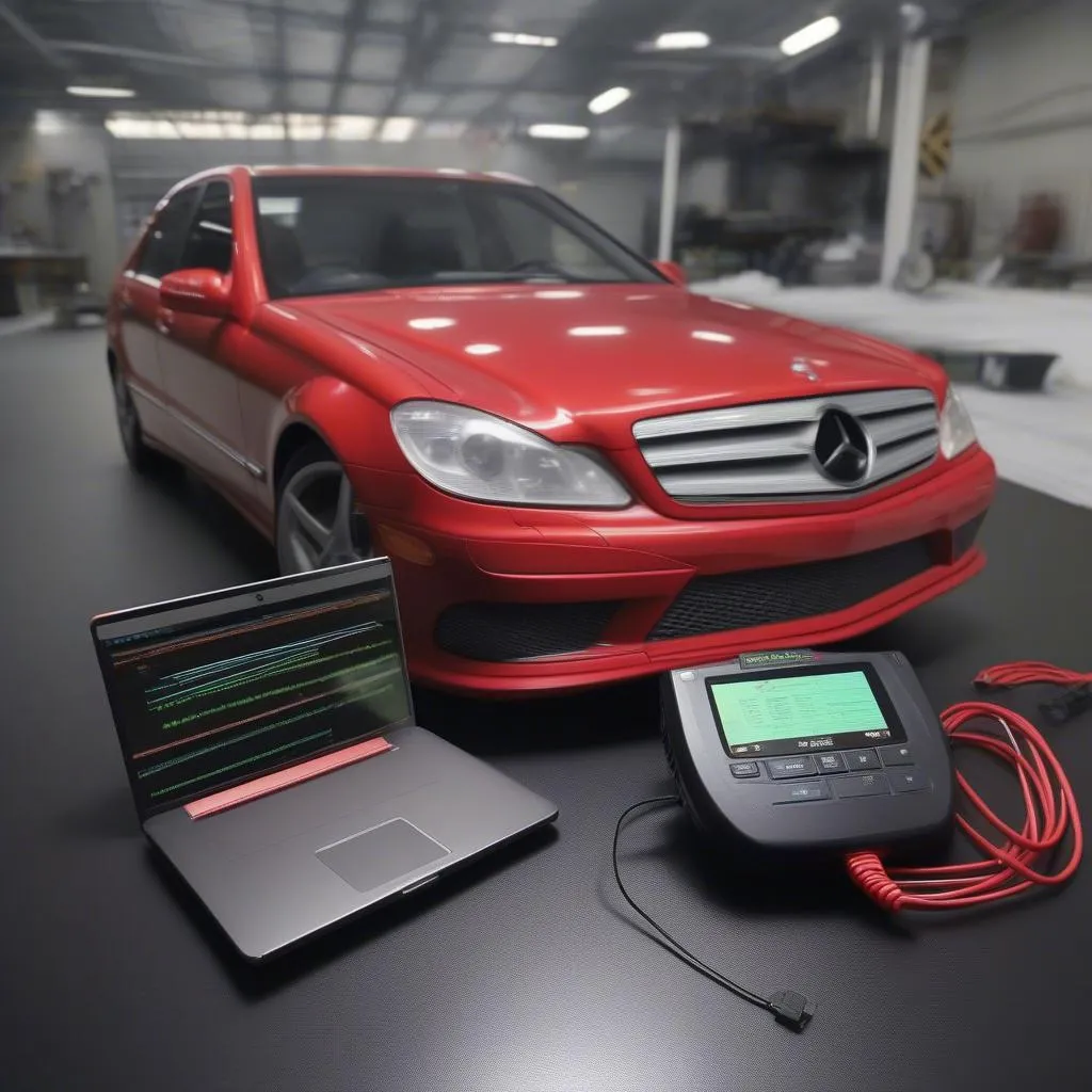 iCarsoft MB II Software and 38-Pin Scan Tool Connected to a Mercedes W210