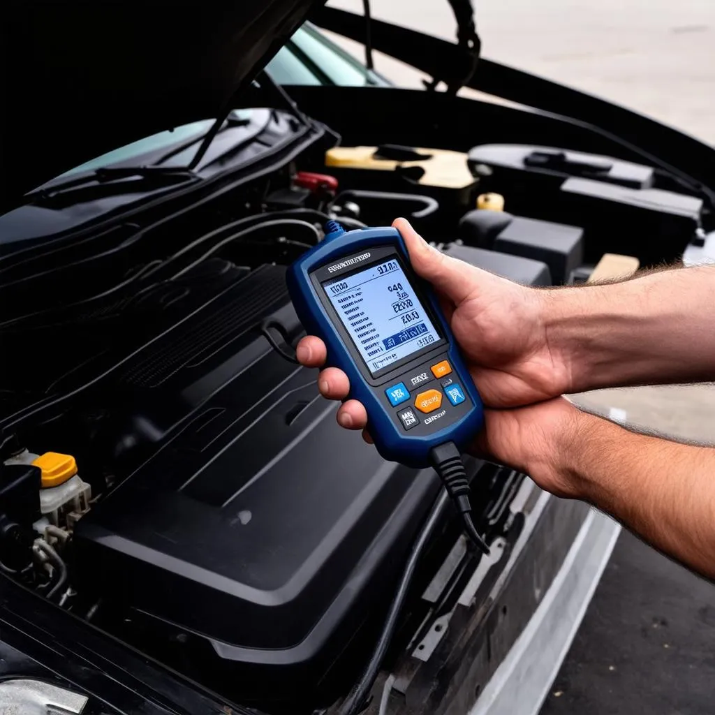 Mechanic using an icon scan tool to diagnose a car engine problem