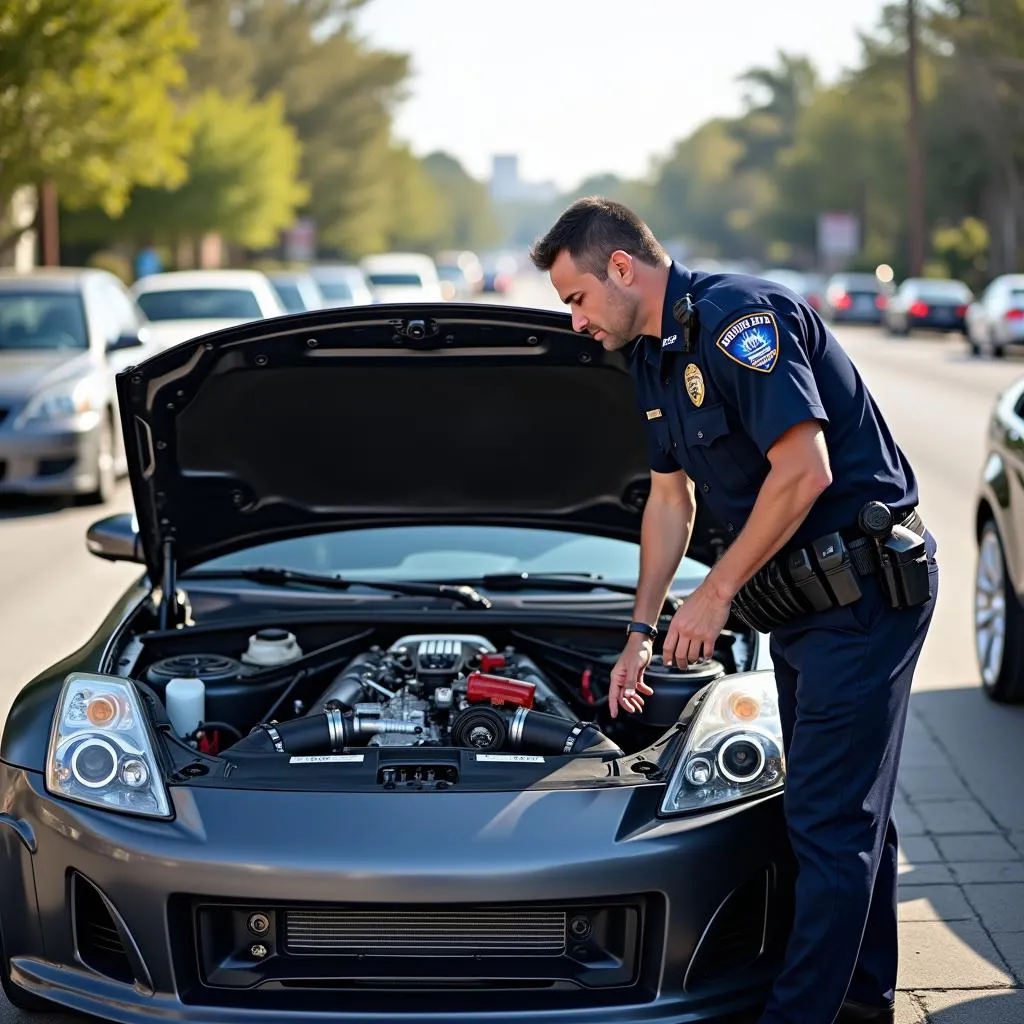 Police Officer Inspecting Illegal Car Modification