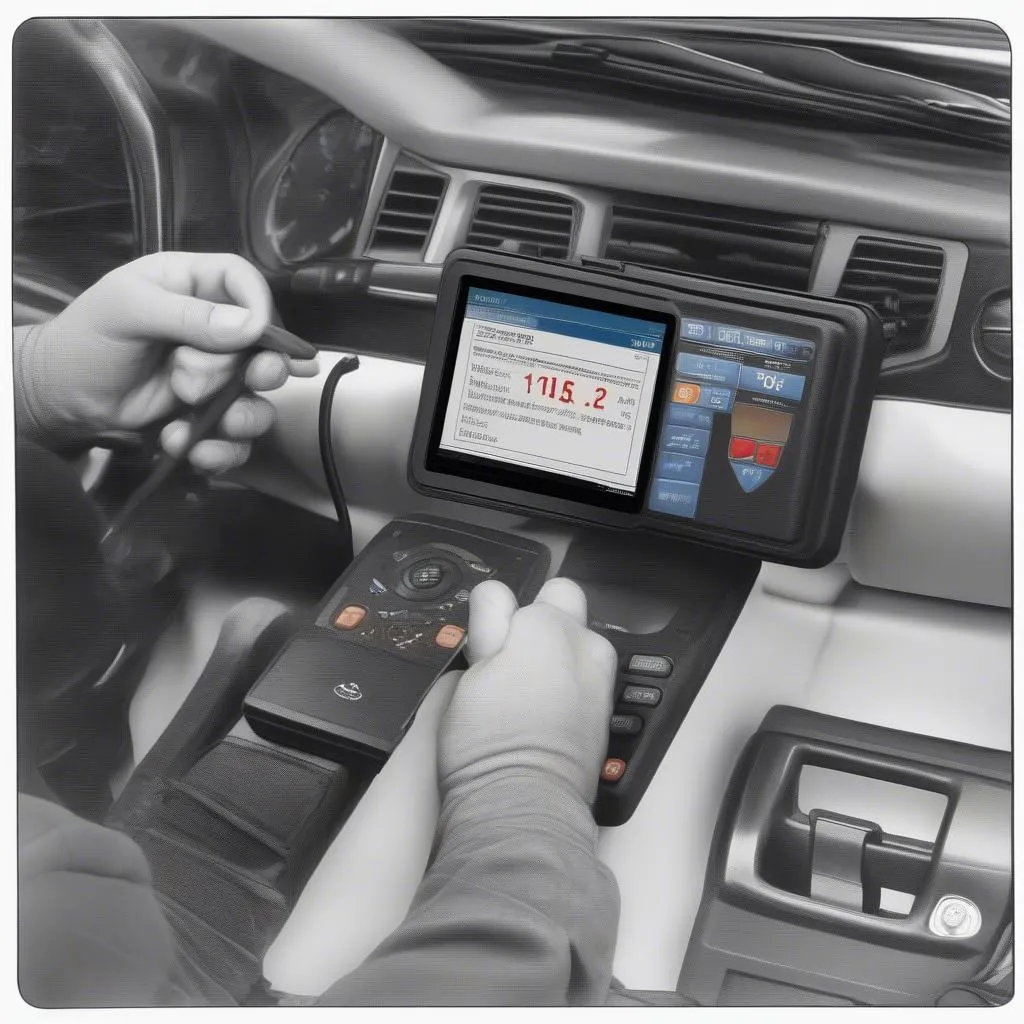 Mechanic using an immobilizer scan tool to diagnose a car problem