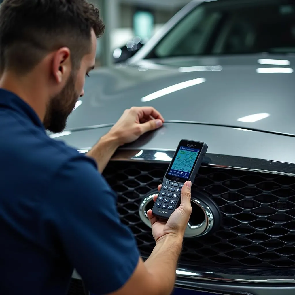 Mechanic diagnosing Infiniti airbag system with a scan tool