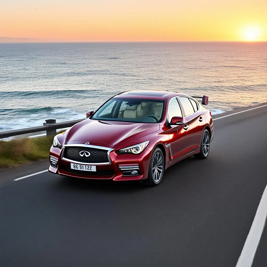 sporty red Infiniti Q50 parked on a scenic coastal road