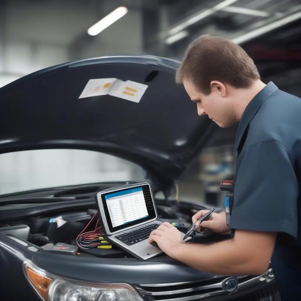 Mechanic using the Innova 3140 scan tool to diagnose a European car