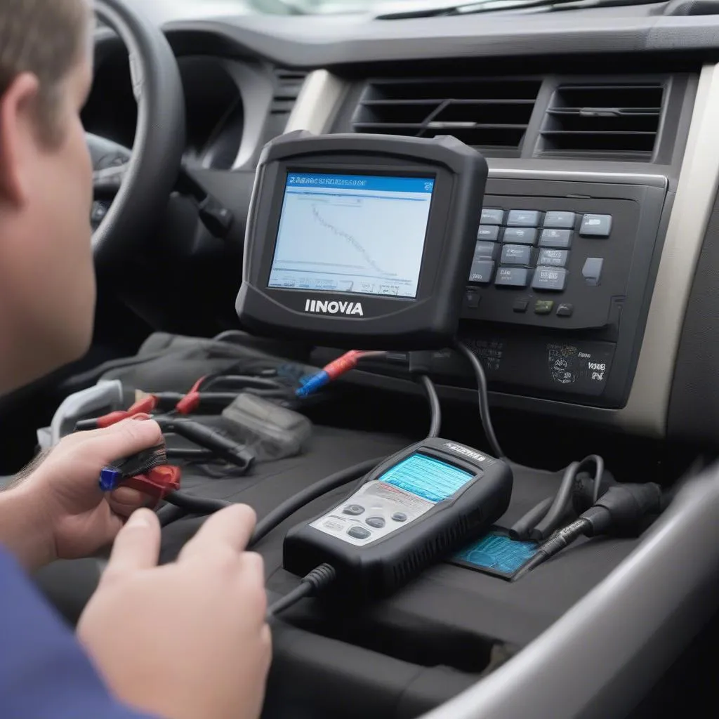 Innova 3160 scan tool diagnosing a European car's electrical system