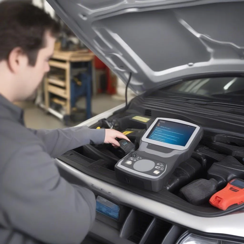 Mechanic using the Innova 3160 scan tool to diagnose a European car