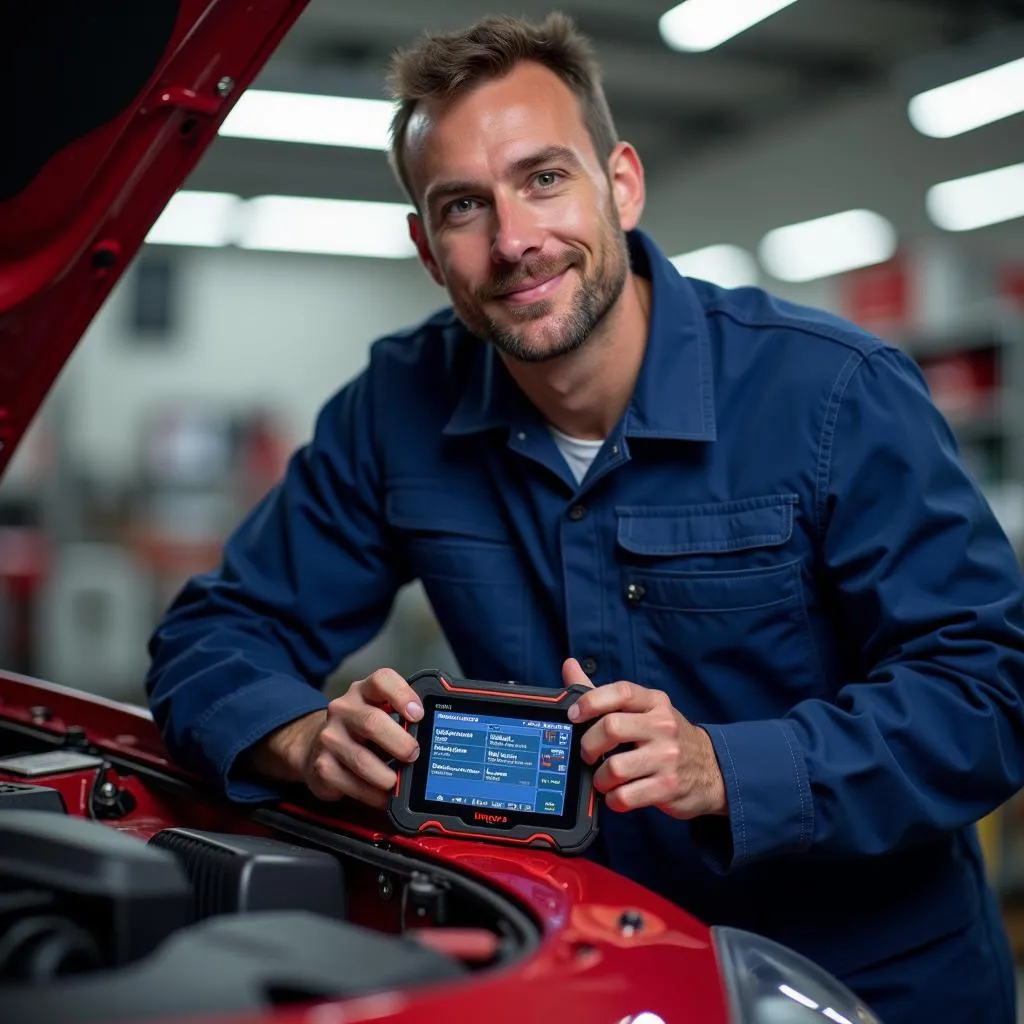 Mechanic using Innova 3160b to diagnose a car engine problem.