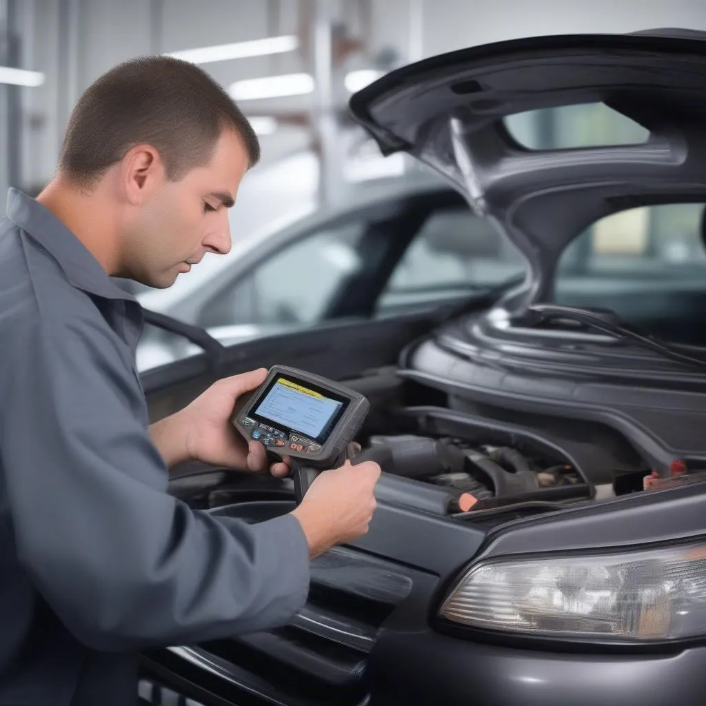 A mechanic using the Innova Scan Tool 3140B to diagnose a problem in a European car