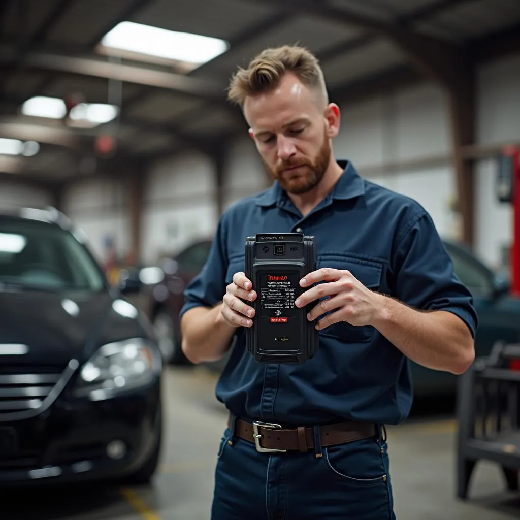 Mechanic inspecting an Innova scan tool for the serial number