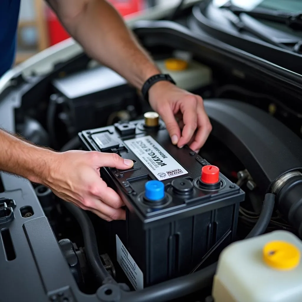 Installing a new car battery in the tray