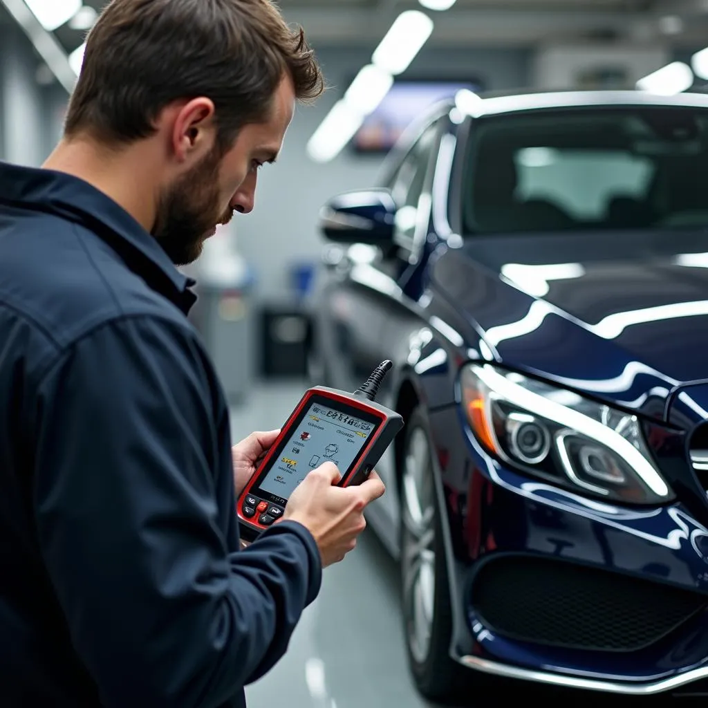 Mechanic using an Intel scanning tool on a European car