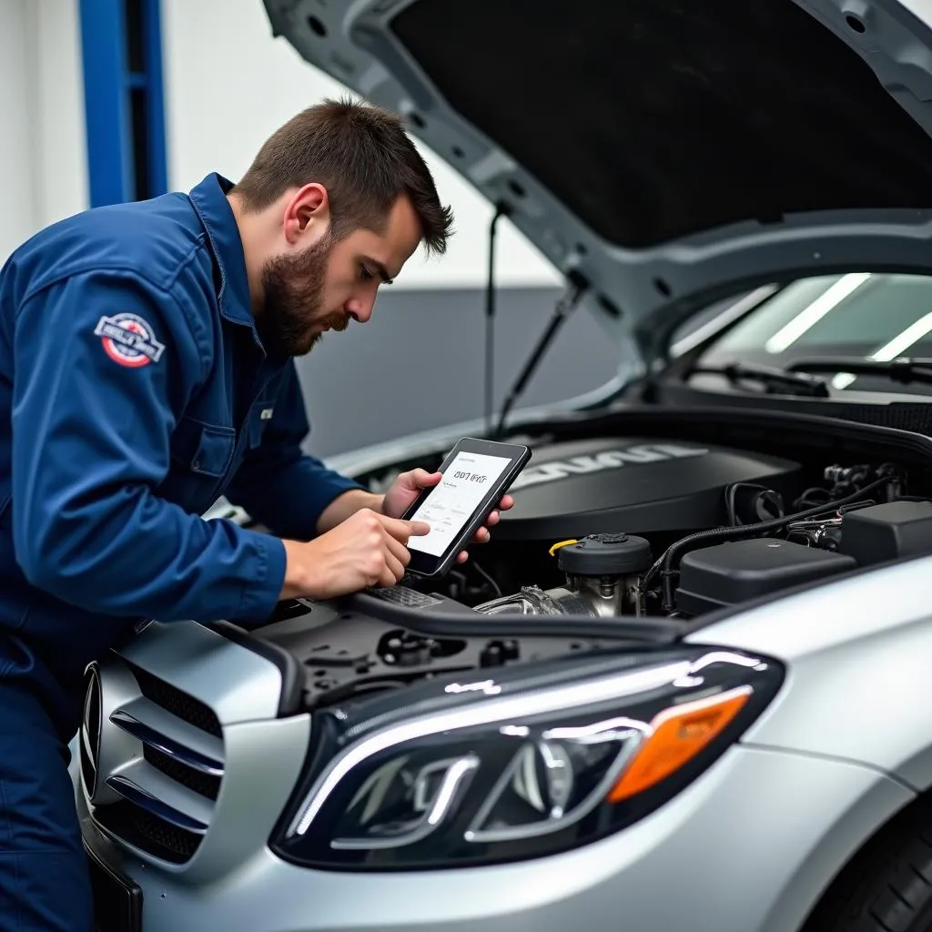 Mechanic using an iPad auto scan tool