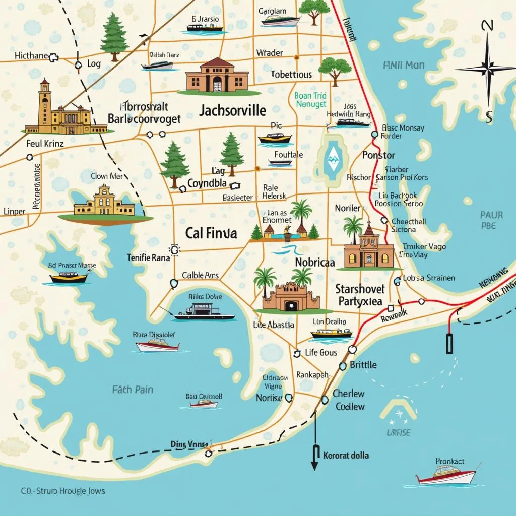 Map of Jacksonville attractions with marked routes for car trips