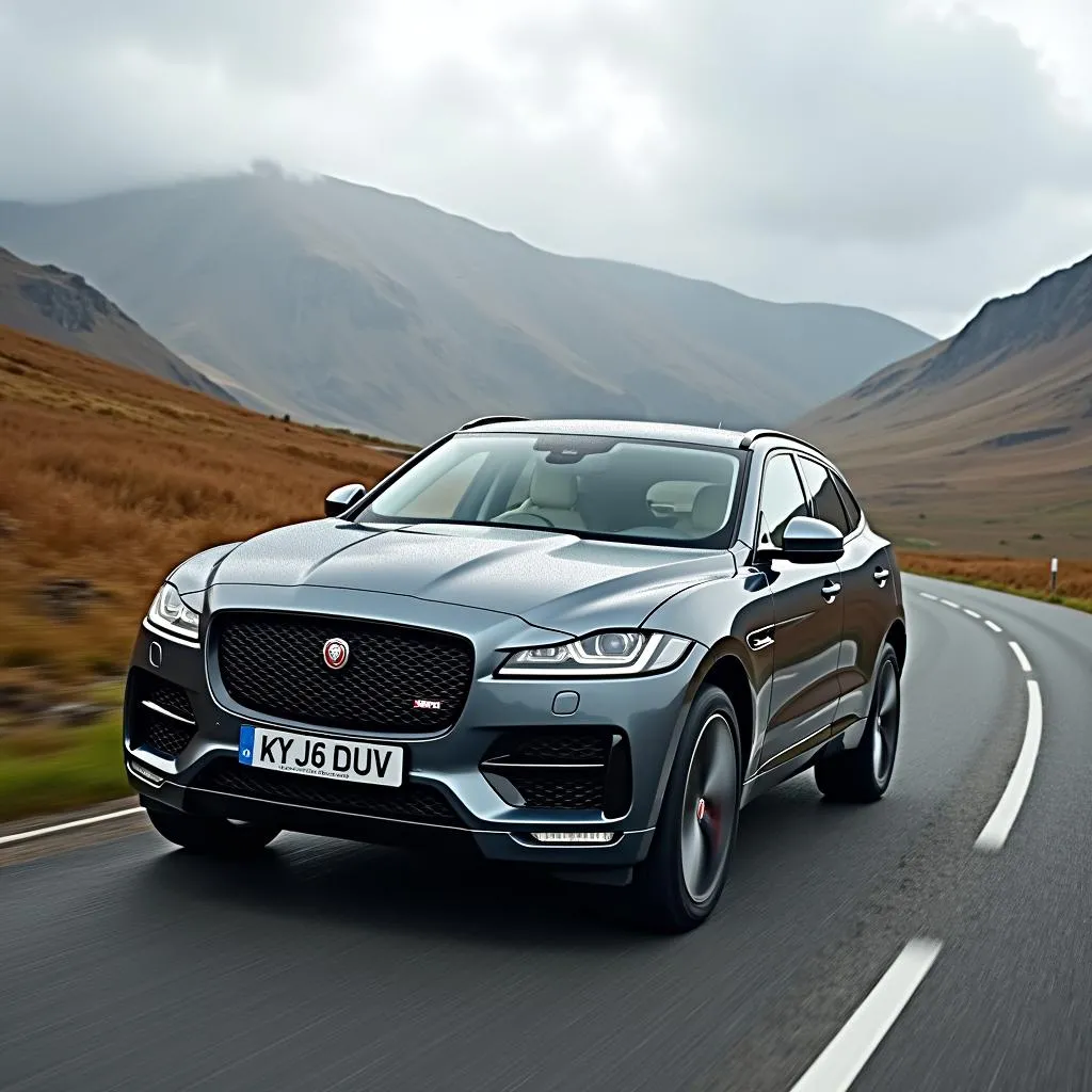 Jaguar F-Pace driving through the Scottish Highlands