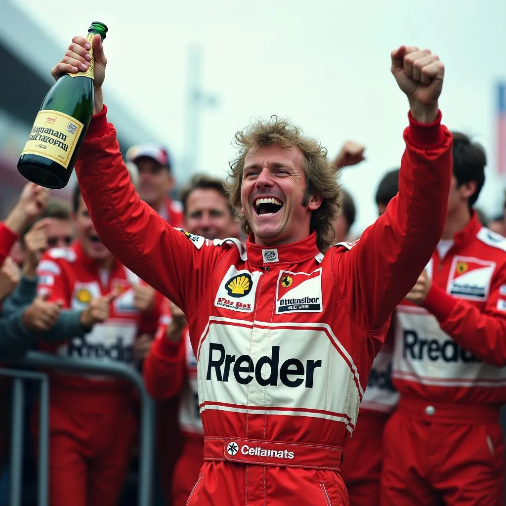 James Hunt celebrates a Grand Prix victory