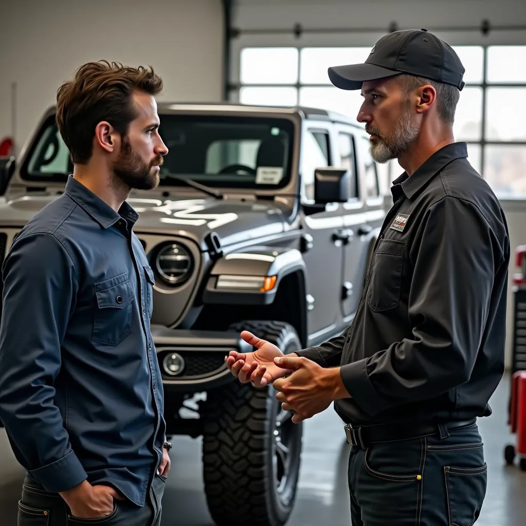 Jeep Owner and Mechanic Discussing Diagnostics