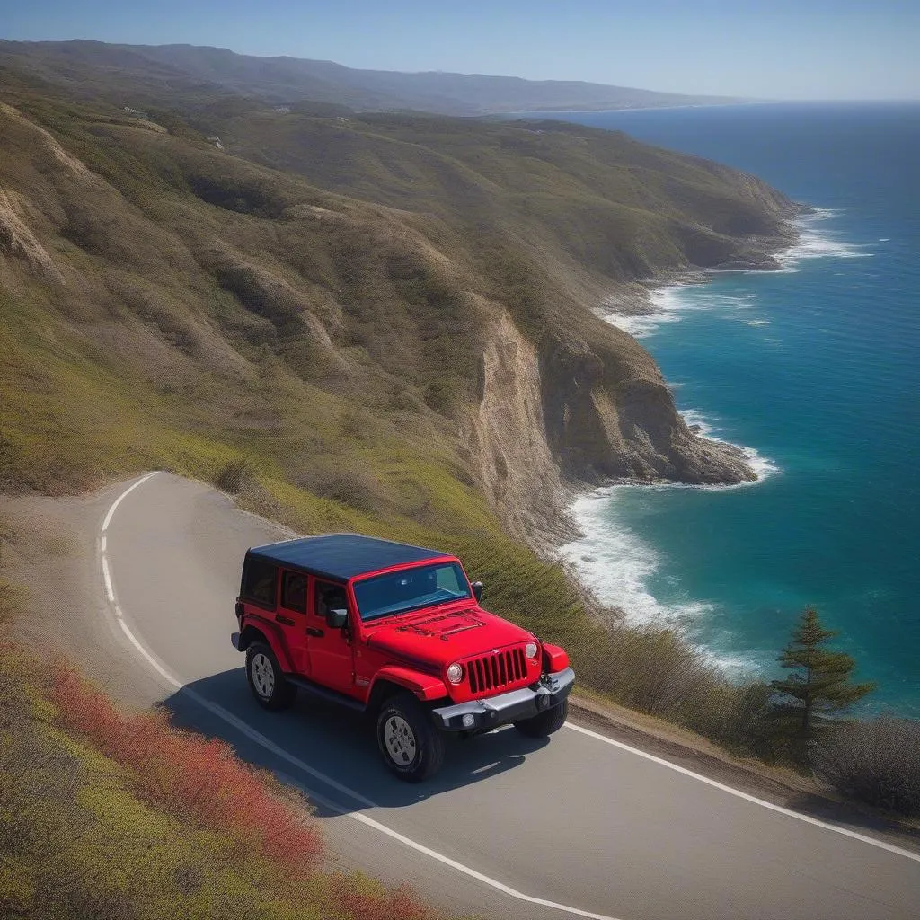 Jeep Wrangler driving on a scenic road