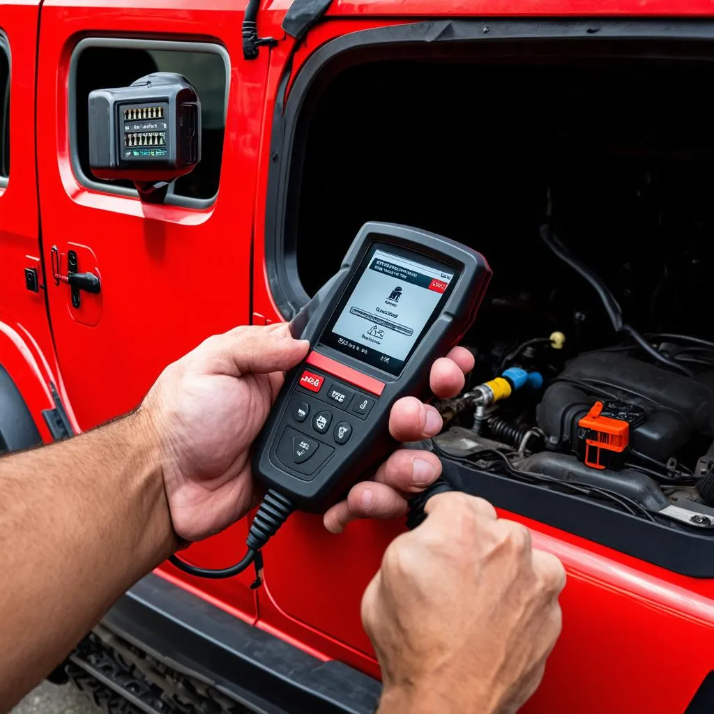 Mechanic using a scan tool on a Jeep Wrangler